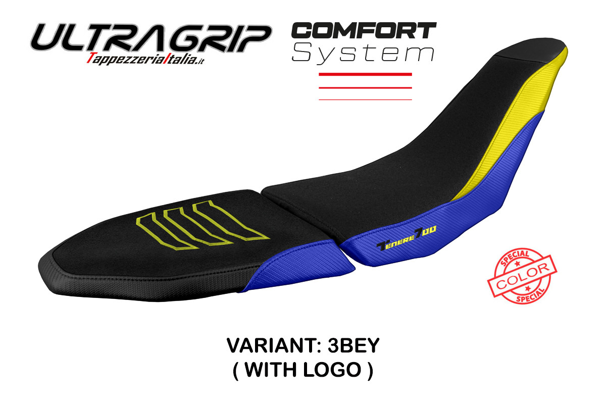 Saddle covering Akita Comfort blue-yellow with logo Yamaha Tenere 700 RAID 2022-2023 (Saddle doppia)