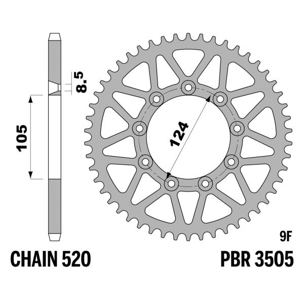 PBR Ergal rear sprocket Z51 teeth 520 size TM MX125 2005-2011