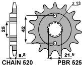 Front sprocket PBR size 520, 16 teeth for Kawasaki KLE500 (A1-6) 1991>1996