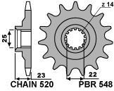 Front sprocket PBR size 520, 14 teeth for Gilera 350 NORD WEST 1993